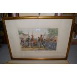 Set of four gilt framed Continental hand coloured prints, soldiers in various settings, 12ins x