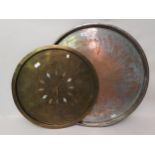 Large silvered copper Benares type tray with engraved decoration, 28ins diameter, together with a