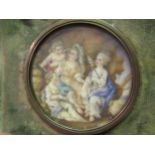 19th Century circular mounted miniature of a group of figures, in a velvet frame, 1.5ins diameter