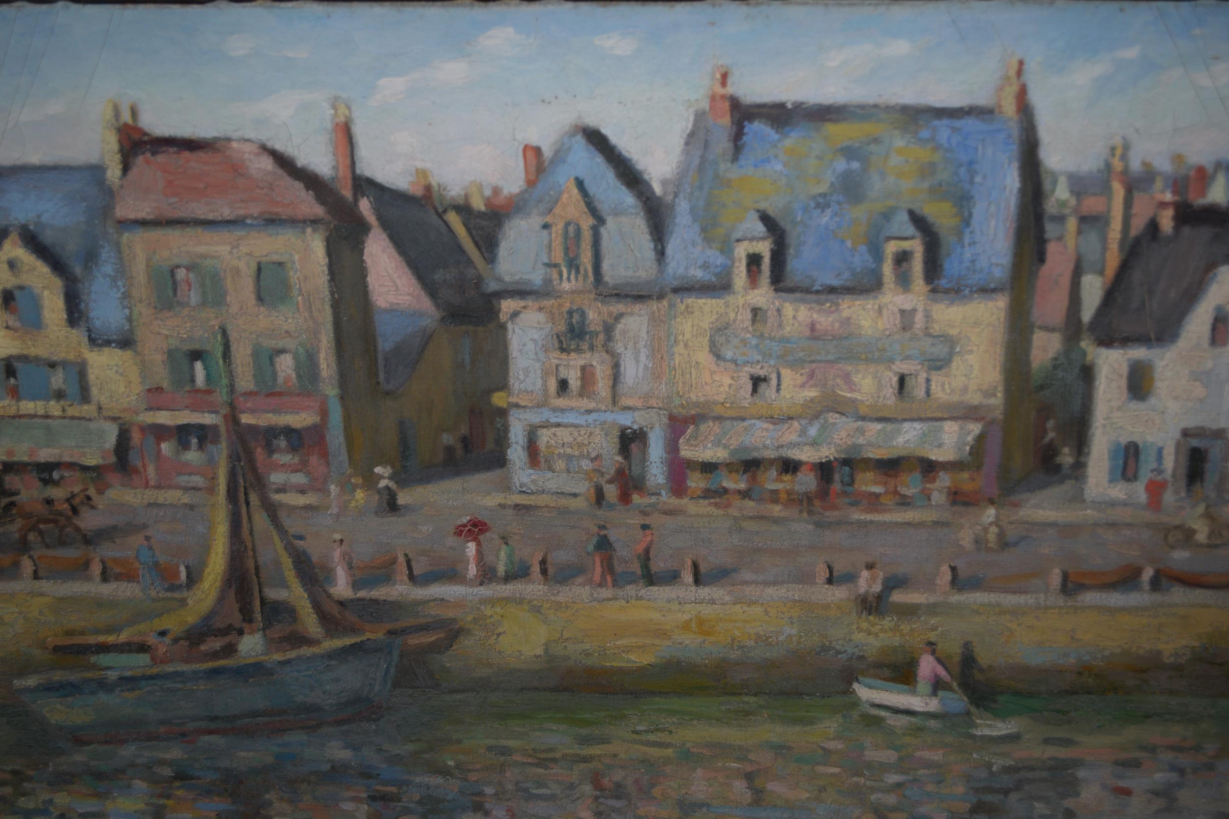 Impressionist style oil on canvas, boats, figures and buildings by a quayside, signed F.S. Bolam and