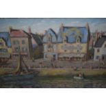 Impressionist style oil on canvas, boats, figures and buildings by a quayside, signed F.S. Bolam and