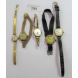 Two ladies 9ct gold cased wristwatches, one with an expanding 9ct gold bracelet, the other with a