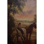Late 19th Century oil on canvas, landscape with boy and horses by a stream, 22.5ins x 14.5ins