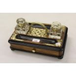 Victorian figured walnut and brass mounted two bottle inkstand with drawer to base Inkwells are both