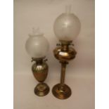 Late 19th / early 20th Century brass oil lamp of baluster form having etched glass shade and an