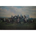 Reproduction print on porcelain, early horse racing scene, gilt framed together with a coloured