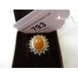 9ct Yellow gold dress ring set cabochon amber and blue zircons