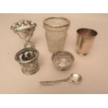 Continental white metal miniature bud vase, Continental white metal beaker, an Icelandic silver