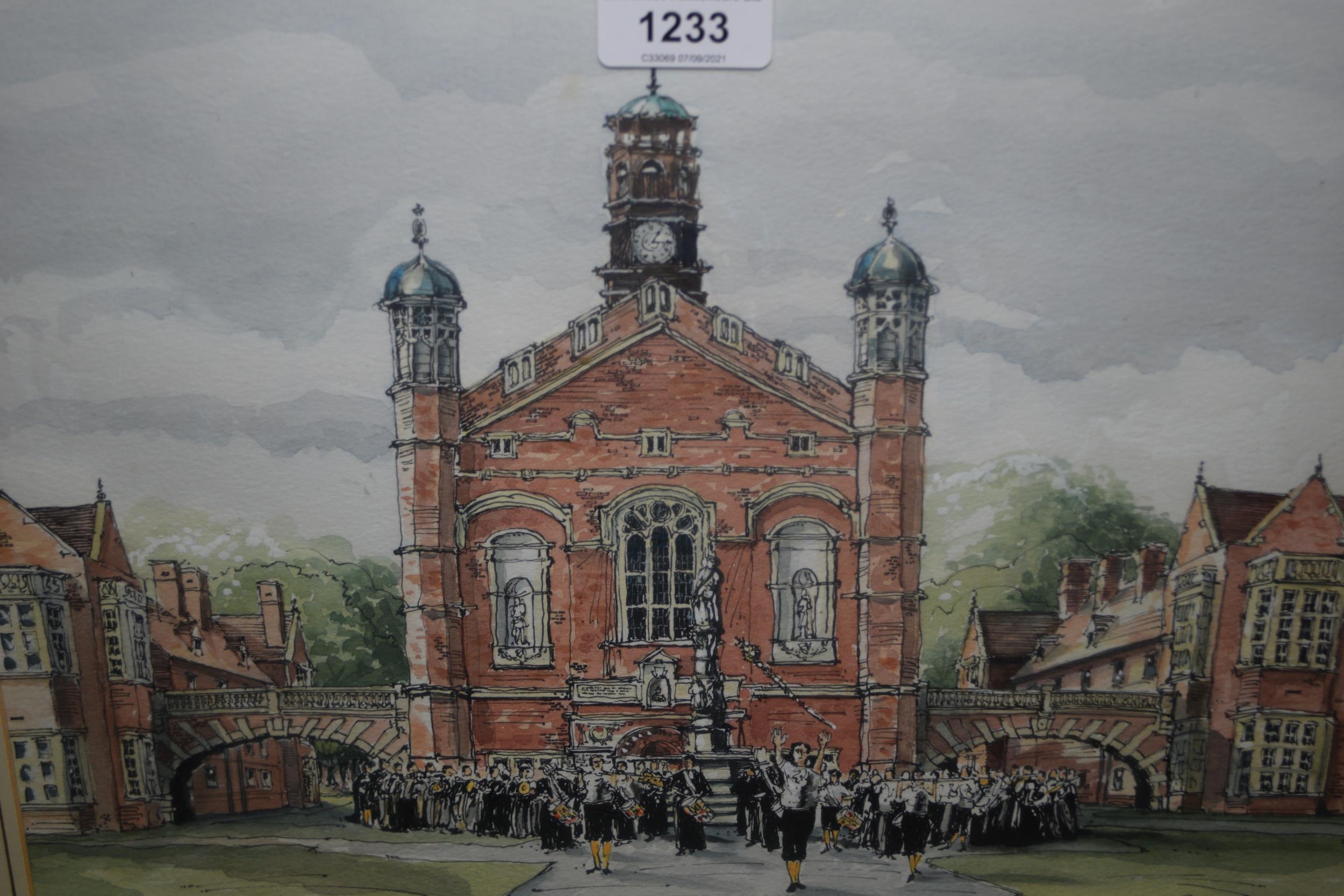 Brian Ottley, watercolour, Christs Hospital near Horsham with band to the foreground, 10ins x 14ins,