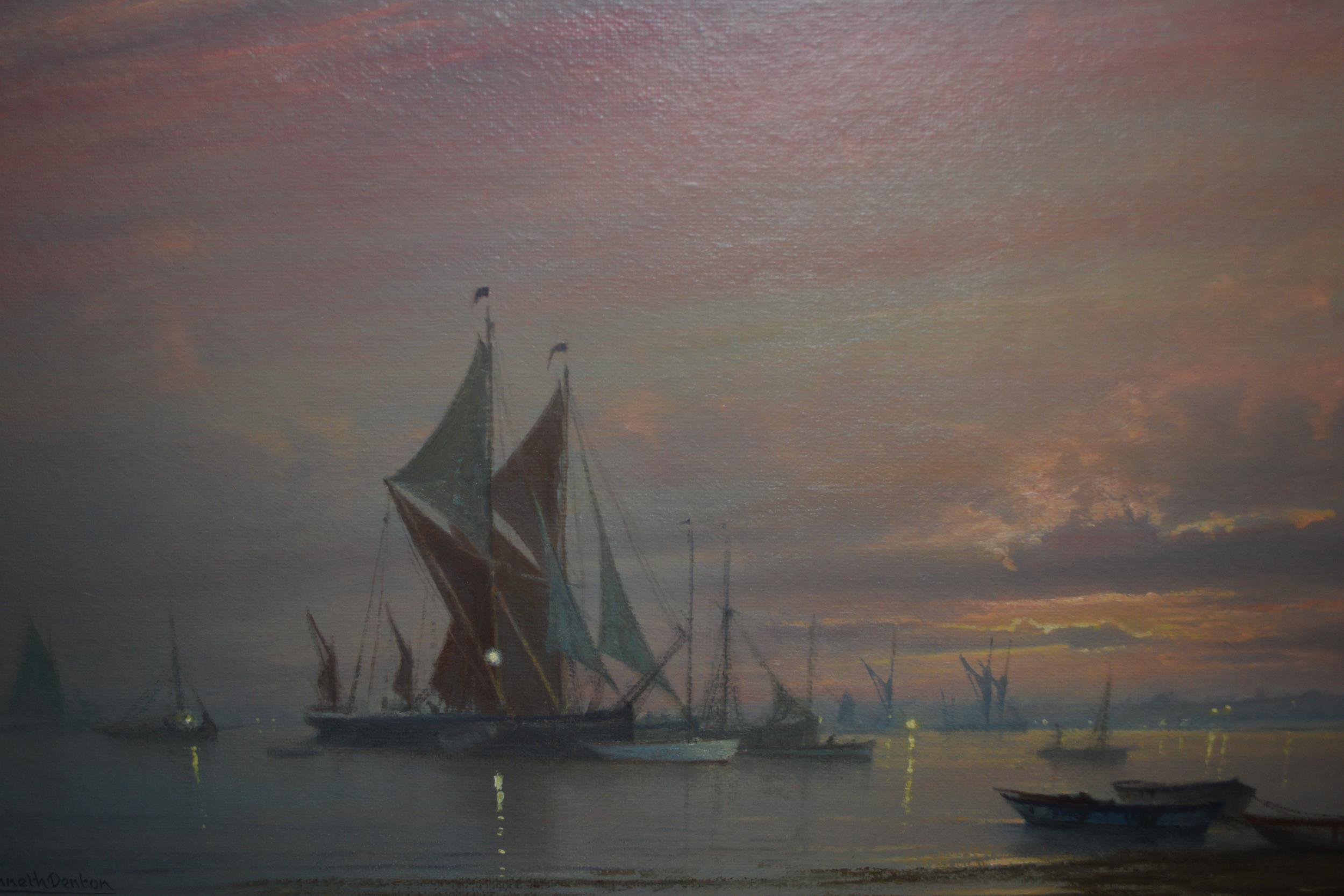 Kenneth Denton signed oil, maritime scene, inscribed verso ' Sunrise, Day of the Barge Match ',