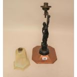Patinated spelter and copper figural table lamp with green opalescent glass shade (mount to the