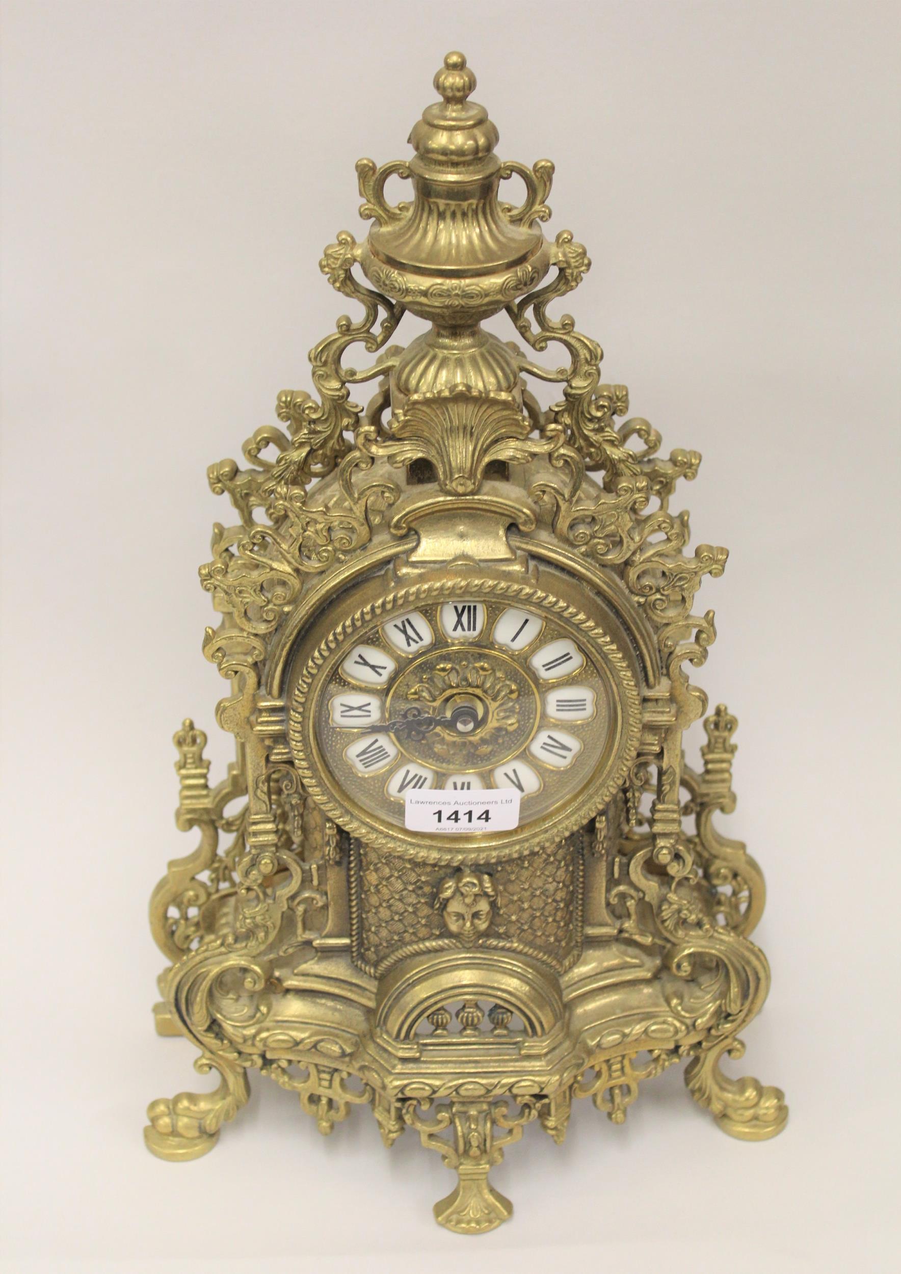 Reproduction gilt brass ornate mantel clock with battery movement