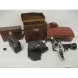 Early Ensign Auto Kimecam camera in leather case, a Pathescope cine camera in leather case and a