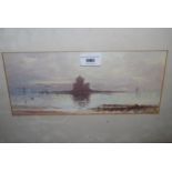 J.T. Chilcot, oil on card, coastal scene at sunset with distant castle, signed, 5ins x 11.5ins, gilt