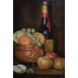 Linda Hughes, oil on canvas, still life, study of fruit and a wine bottle, signed with monogram,