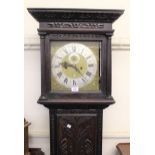 George III carved oak longcase clock, the square hood above a rectangular panelled door on a