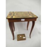 Small Italian musical box with inlaid decoration on cabriole supports, together with a small