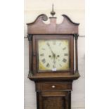 George III oak mahogany crossbanded longcase clock, the square hood with swan neck pediment above