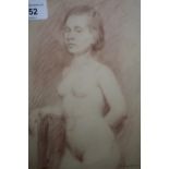 Two Russian drawings, sepia study of a female figure and a similar pencil study, both signed,