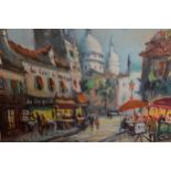 20th Century French oil on canvas, busy cafe street scene with figures, indistinctly signed, gilt