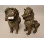 Pair of heavy bronze dog of foe temple figures, 12ins high