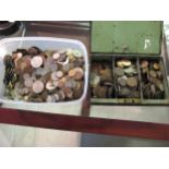 Metal cash box together with a quantity of miscellaneous coins