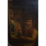 Small 19th Century oil on card, a seated figure smoking a clay pipe in an interior scene, 8.5ins x