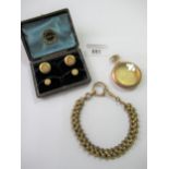 Victorian gold plated Albert watch chain, large gold plated locket in the form of a pocket watch and