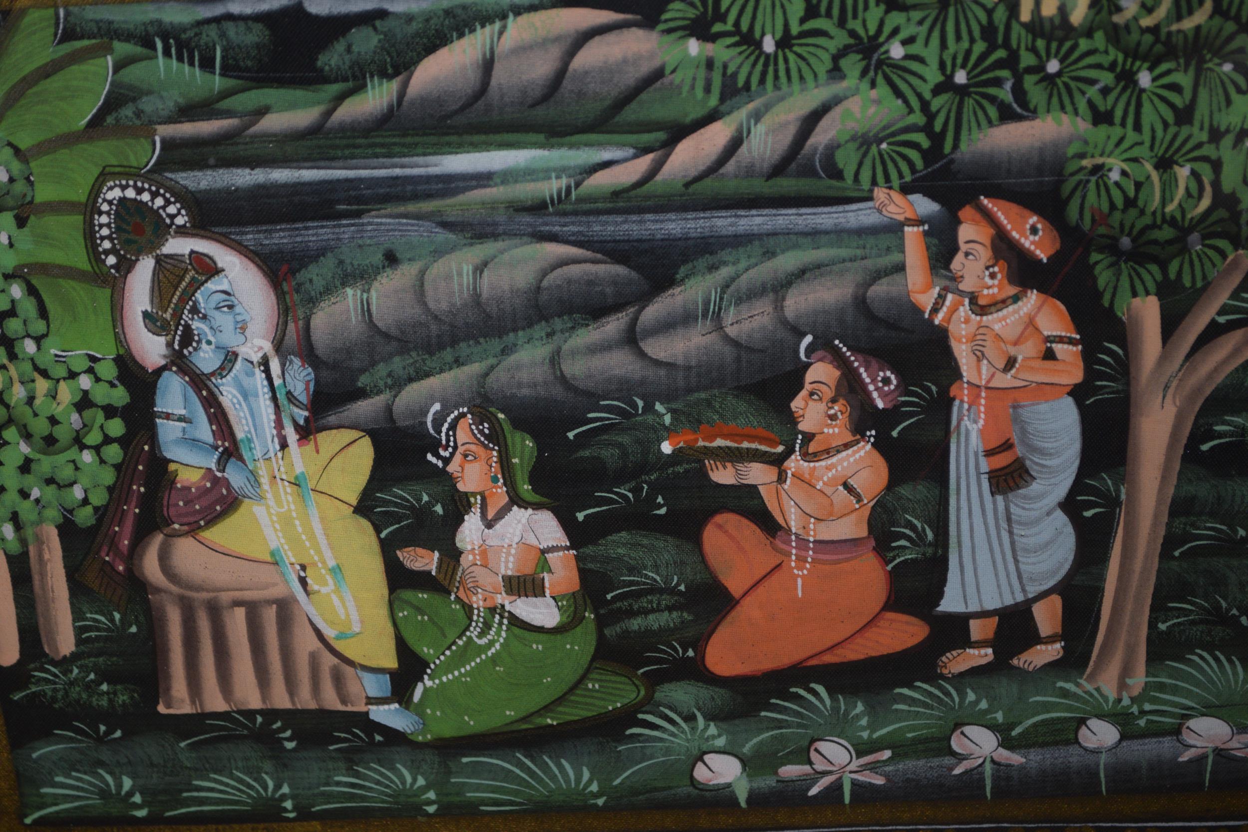 Indian reverse painted painting, figures (at fault) together with three other Indian watercolour - Image 3 of 4