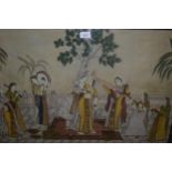 Indian watercolour study on linen, musicians and figures on a terrace, indistinctly signed, 21ins
