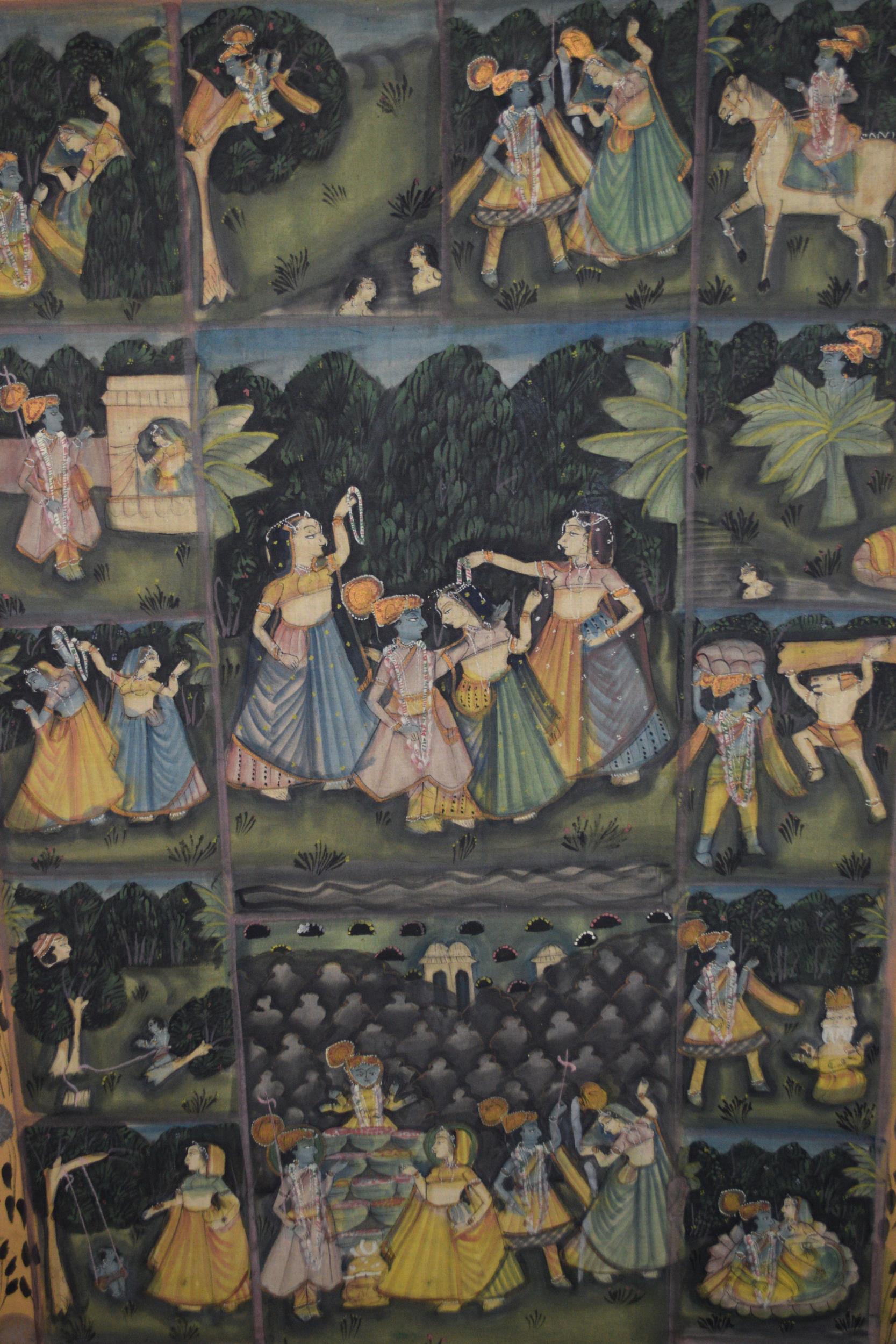Indian watercolour on linen, multiple figure studies, 35ins x 21ins