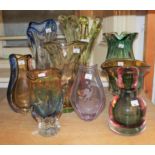 Collection of nine various Bohemian Art glass vases