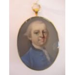 18th Century watercolour portrait miniature of a gentleman wearing a blue coat, 35mm x 23mm