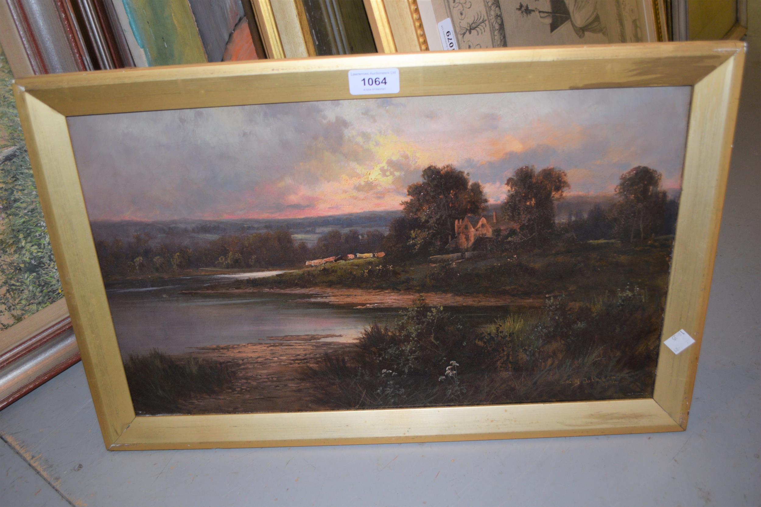 Sidney Yates Johnson, oil on canvas, sunset lake scene with distant cattle and farmhouse, signed and - Image 2 of 6
