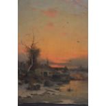 Eduard Hein, Winter landscape at sunset with cottage, signed, in ebonised frame, 11ins x 8ins Oil on
