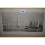 W. L. Wylie signed etching, racing yachts on calm waters, Cowes, The Isle of White, 9ins x 15ins