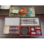 Chinese cased calligraphy set, set of Chinese enamel decorated chopsticks and a kite