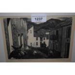 Guy Malet, signed woodcut print, street scene, 5.5ins x 7.5ins