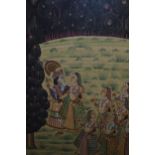 Large Indian watercolour study on linen, landscape with figures in procession, 30ins x 18ins, gilt