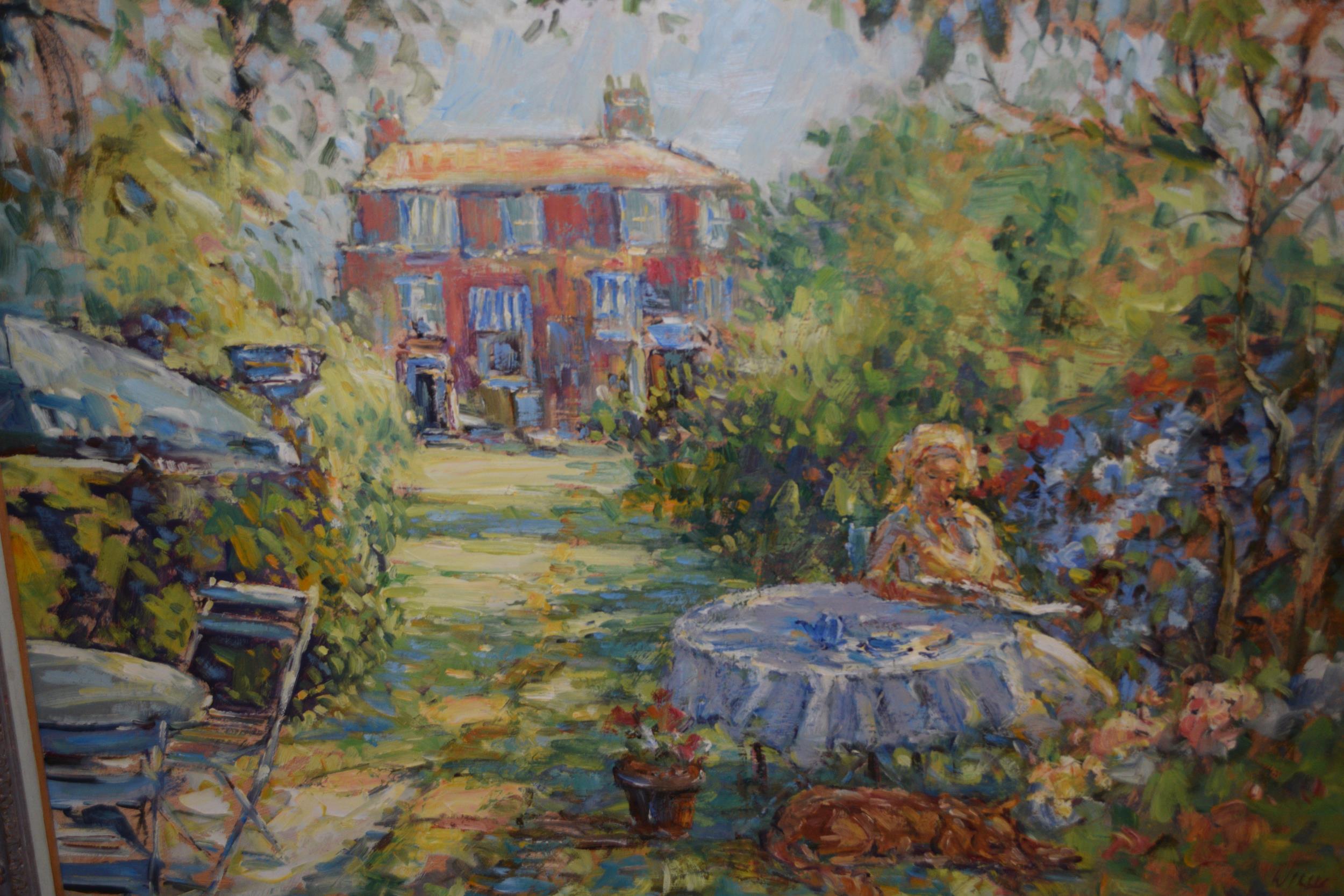 Mid 20th Century oil on board, ' Quiet Moment ', a garden scene with lady seated at a table, 24ins x