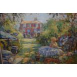 Mid 20th Century oil on board, ' Quiet Moment ', a garden scene with lady seated at a table, 24ins x