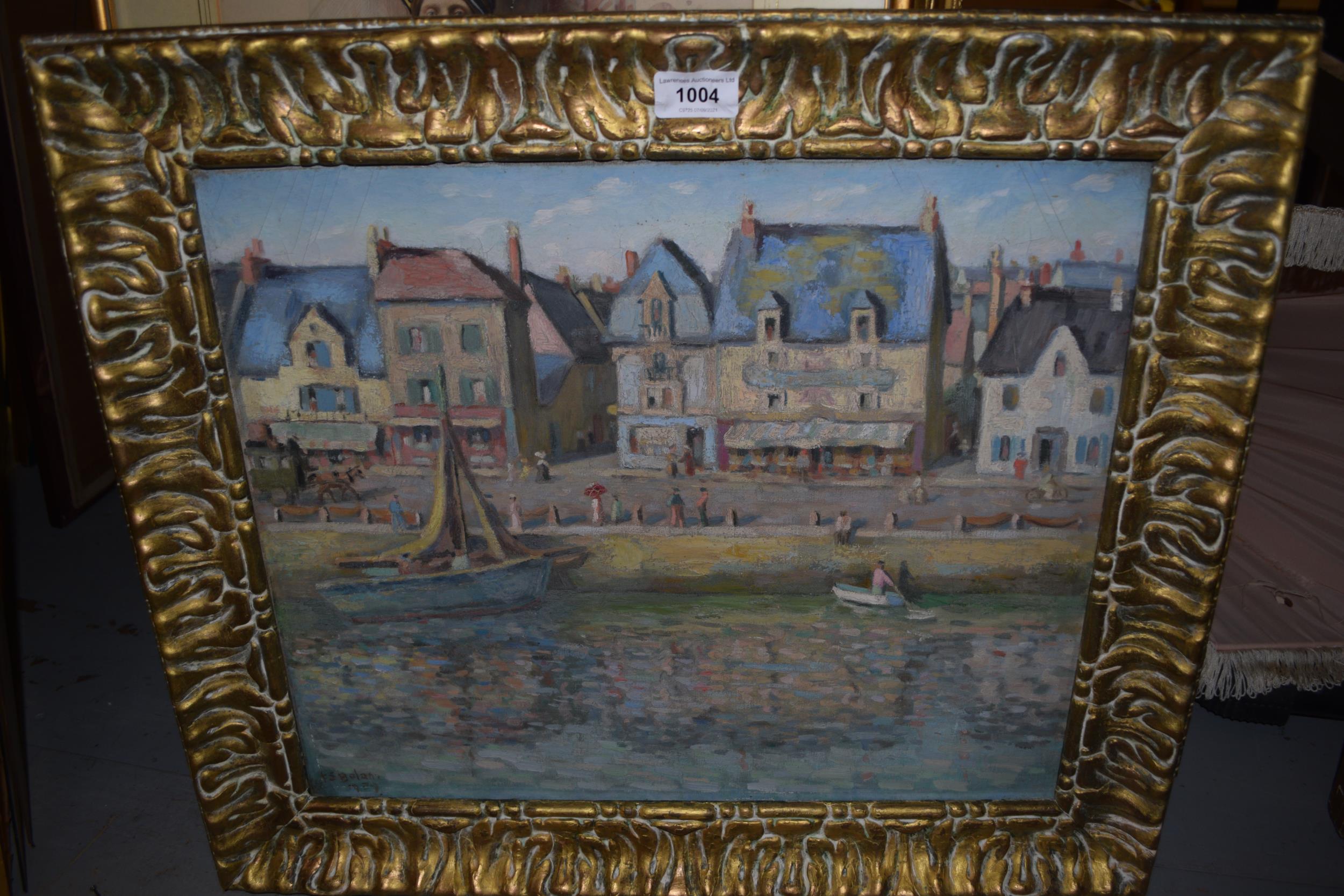 Impressionist style oil on canvas, boats, figures and buildings by a quayside, signed F.S. Bolam and - Image 2 of 4