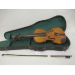 19th / early 20th Century 14in violin having two piece satinwood back, in fitted box with bow (at