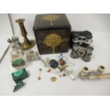 Oriental lacquer three tier box, three pairs of opera glasses and sundries