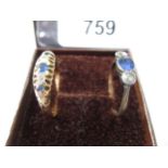 Small yellow metal five stone sapphire and diamond half hoop ring (marks rubbed and shank