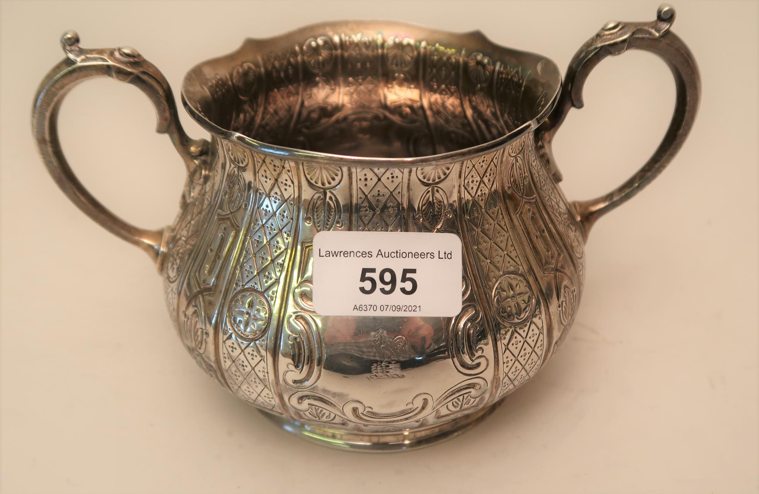 Victorian silver two handled sugar bowl, the baluster body decorated with chased vertical bands