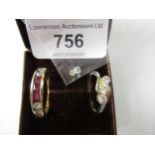 Unmarked yellow metal half eternity ring set red and white stones, together with a small white metal
