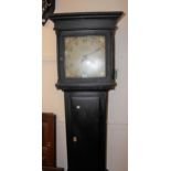 George III ebonised longcase clock, the square hood with flanking pilasters above a rectangular