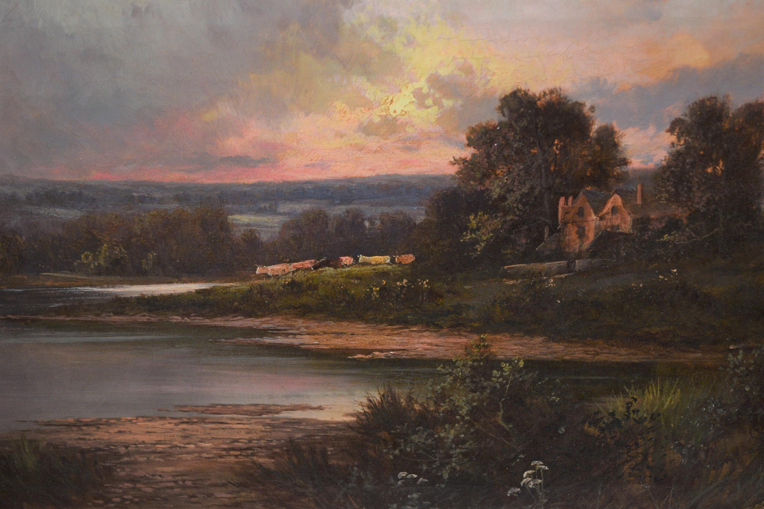 Sidney Yates Johnson, oil on canvas, sunset lake scene with distant cattle and farmhouse, signed and