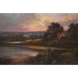 Sidney Yates Johnson, oil on canvas, sunset lake scene with distant cattle and farmhouse, signed and